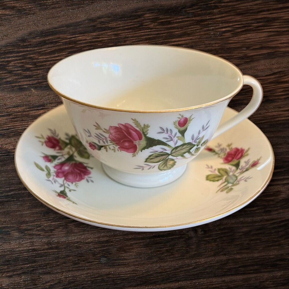 Vintage Pink Roses Teacup And Saucer China Gold Edges Shabby Chic